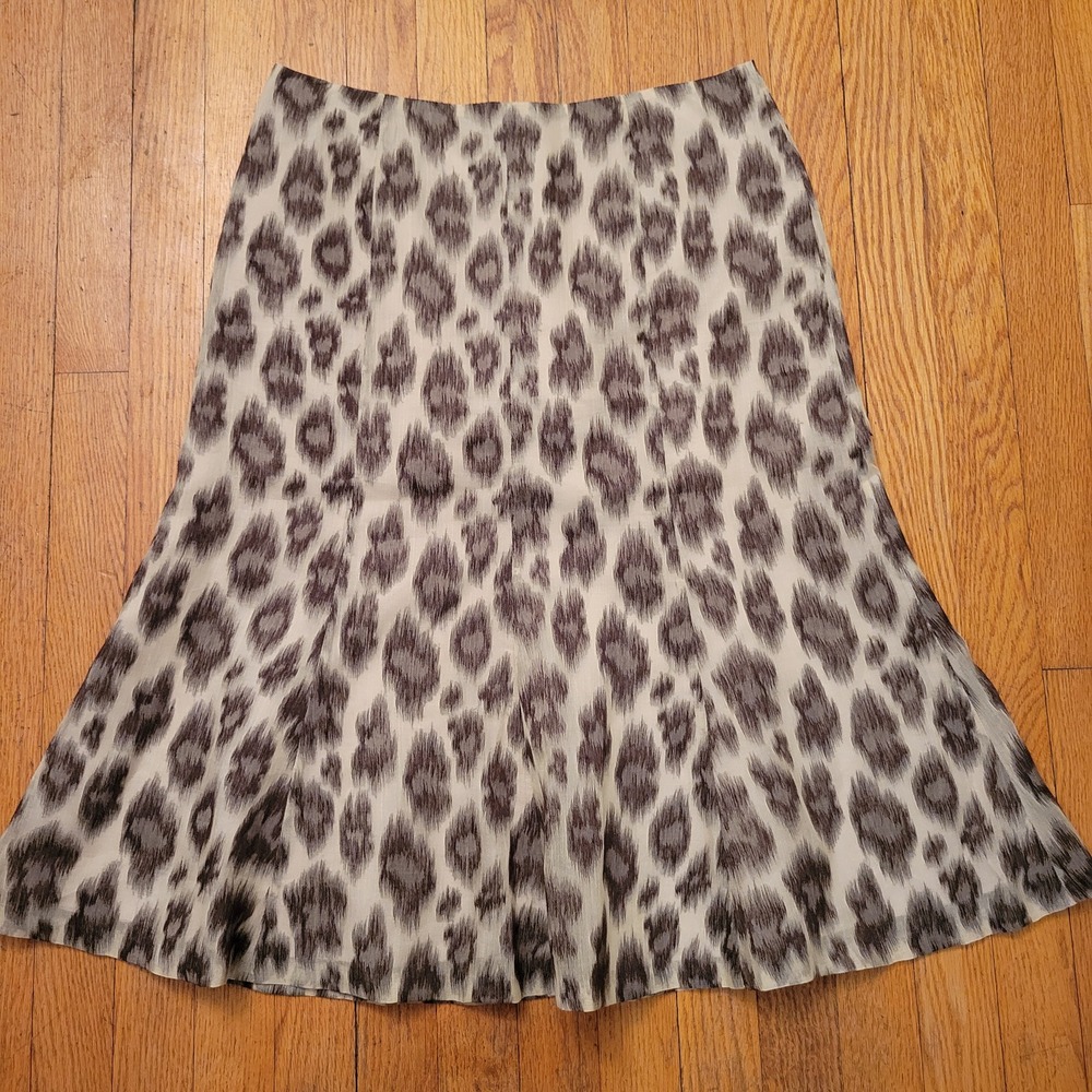 Talbots 10 Midi Skirt Beige Leopard Linen Silk Blend A Line Skirt Y2K Modest